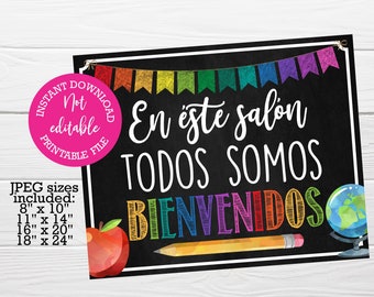 In this classroom we are all welcome, INSTANT download, PRINTABLE sign, inclusion sign, Spanish class sign, Classroom decor, Spanish teacher