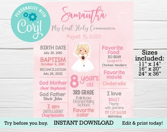 Sagrada comunhão, quadro para impressão, pôster EDITÁVEL para MENINA Primeira Comunhão, download DIGITAL instantâneo, modelo rosa, sinal de boas-vindas editável