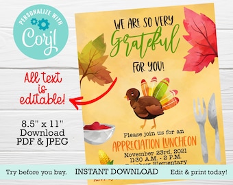 Thanksgiving Luncheon EDITABLE flyer, Thanksgiving dinner, Printable invitation, PTA PTO event, Teacher appreciation, Staff appreciation