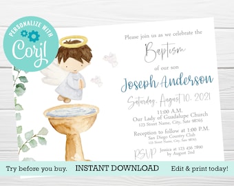 Invitación de bautizo para niño, diseño de ángel, plantilla editable (descarga digital)