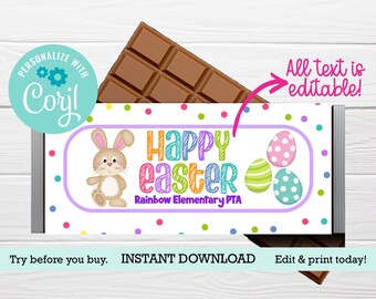 May include: A chocolate bar with a colorful Easter-themed wrapper. The wrapper features a cartoon bunny, decorated eggs, and the words "Happy Easter" in bright colors. The text "Rainbow Elementary PTA" is also included.