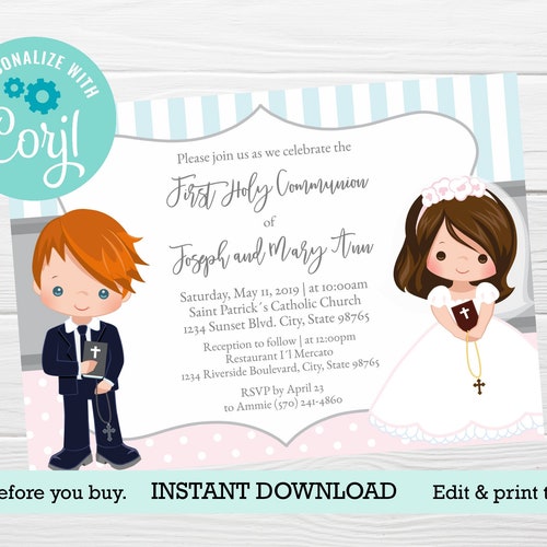 First Communion Invitation Boy Communion Invite Printable Etsy