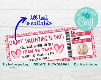 Baseball ticket EDITABLE template, printable Gift certificate, Ball game voucher, Valentine's Day Gift, Last minute present, Early Valentine