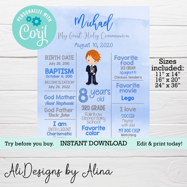 Printable board for First Holy Communion, Blue poster for BOY, Navy and Gray Welcome sign, EDITABLE template, INSTANT download