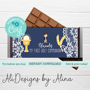 May include: A printable chocolate bar wrapper with a blue background and white lace design. The wrapper features a boy in a suit, a chalice, and wheat. The text reads "Alexander My First Holy Communion".
