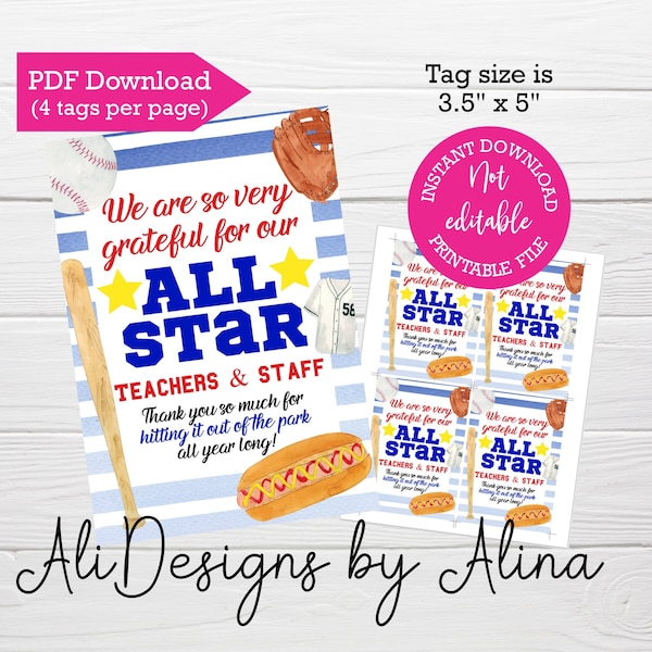 All star teachers and staff, Appreciation tags, Instant download, appreciation week, PTA PTO, Our teachers are a home run, Baseball inspired