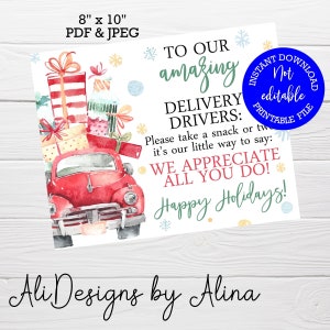May include: A printable holiday sign with a red vintage car carrying gifts. The sign reads "To Our Amazing Delivery Drivers: We Appreciate All You Do! Happy Holidays!" and is available as an 8" x 10" PDF and JPEG.