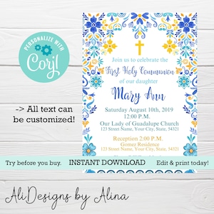 First Holy communion EDITABLE invitation, mexican inspired, blue tiles, Bridal Shower invite, Engagement party, Baptism invitation