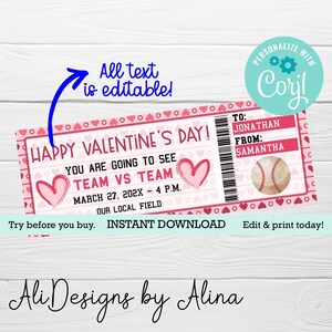Baseball-ticket EDITIERBARE Vorlage, druckbare Geschenkgutschein, Ballspielgutschein, Valentinstagsgeschenk, Last-Minute-Geschenk, früher Valentinstag