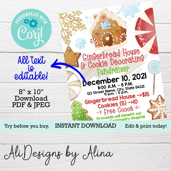Gingerbread house flyer, Cookie decorating booth, PRINTABLE poster, Christmas Bazaar, Holiday festival invitation, Holiday bake sale flyer