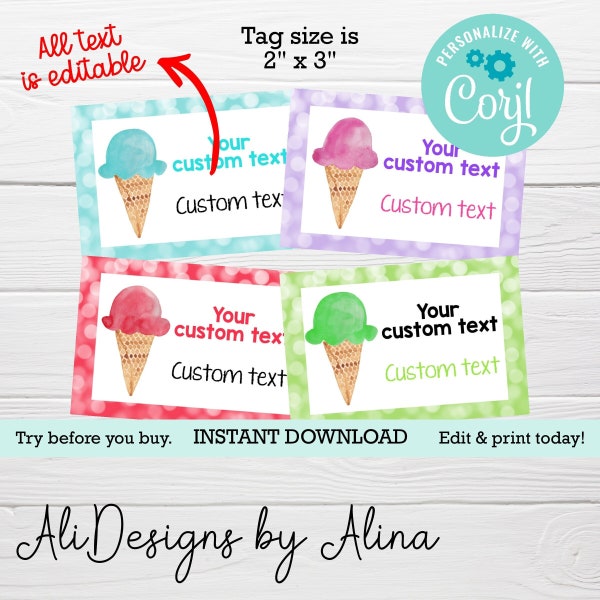 Ice cream  PRINTABLE tags, EDITABLE template, Notebook stickers, Birthday party, Ice cream social, Have a cool summer, DIGITAL download