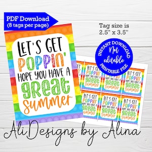 Let's get Poppin hope you have a great sommer, DRUCKBARE Tags, Letzter Schultag, Sommer Gunst Tags, Pop Fidget Spielzeug, Ende des Schuljahres