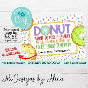 Cartão postal IMPRIMÍVEL, do professor para os alunos, inspirado em donuts, correio feliz para crianças, volta às aulas, PTA PTO, casa aberta, conheça o professor