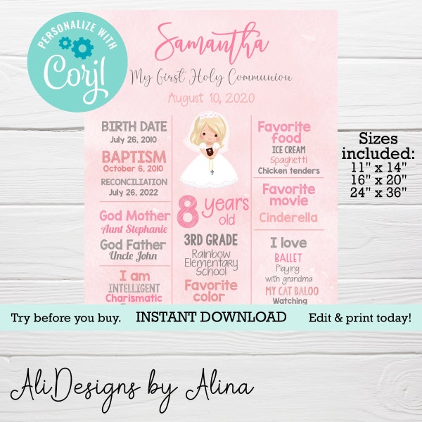 Holy communion, printable board, EDITABLE poster for GIRL First Communion, Instant DIGITAL download, pink template, Welcome Sign editable