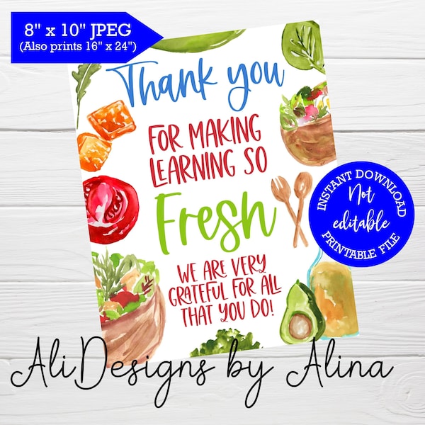 Teacher and Staff appreciation week, PRINTABLE sign, Salad Bar, Thank you for making learning fresh, INSTANT download, Appreciation Luncheon