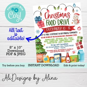 Christmas food drive, PRINTABLE flyer, Holiday food drive flyer, EDITABLE template, Church Fundraiser, Christmas fundraiser, pta pto event