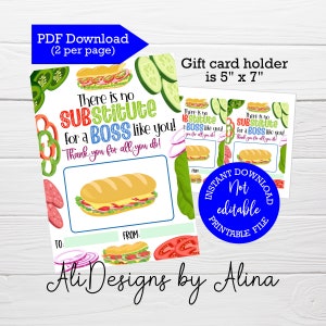 There is no SUBstitute for a boss like you PRINTABLE gift card holder, Boss’s Day gift card, SUB sandwich gift card, Boss appreciation gift
