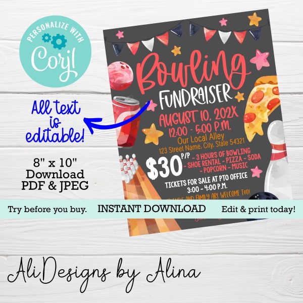 Bowling fundraiser flyer, Editable template, PTA PTO Event, Church fundraiser, Fundraiser ideas, Bowling Party, Bowling Tournament