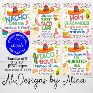 Paquete de letreros de agradecimiento, Semana del maestro, Guacamole sagrado, Nacho promedio, TACObout, Burrito, Eres espectacular, Letreros de inspiración mexicana