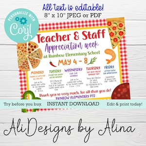 Teacher and staff appreciation week, calendar of events, teacher week itinerary, Pizza inspired, PTA PTO events, Nurses week flyer, Slice it