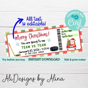 Boleto de regalo de hockey, Boleto sorpresa para el juego de hockey, Plantilla EDITABLE, Regalo de Navidad, Idea de regalo de Papá Noel, Vale de regalo de Navidad anticipada
