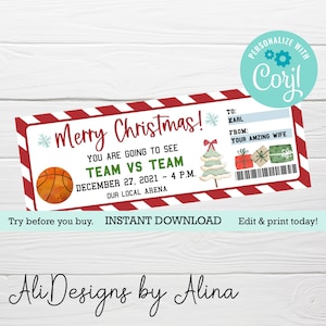 Modèle EDITABLE de billet de basket-ball, cadeau de Noël, téléchargement instantané, bon de jeu de basket-ball, certificat-cadeau, cadeau de Noël précoce