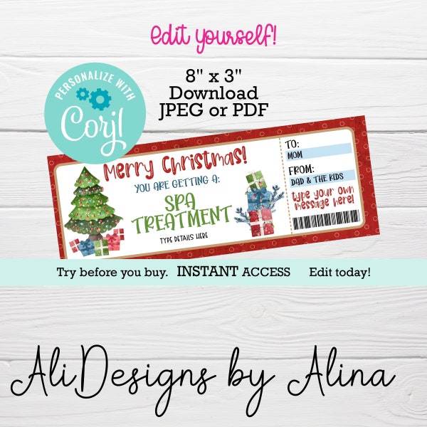 Spa treatment Christmas gift certificate, Printable voucher, Spa day ticket, Massage coupon, Salon voucher, Spa gift card, Gift for her idea