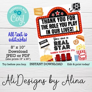Movie theme EDITABLE sign, Teacher Staff appreciation week, Employee Volunteer, Thank you for the role you play, Snack bar sign, Movie stars