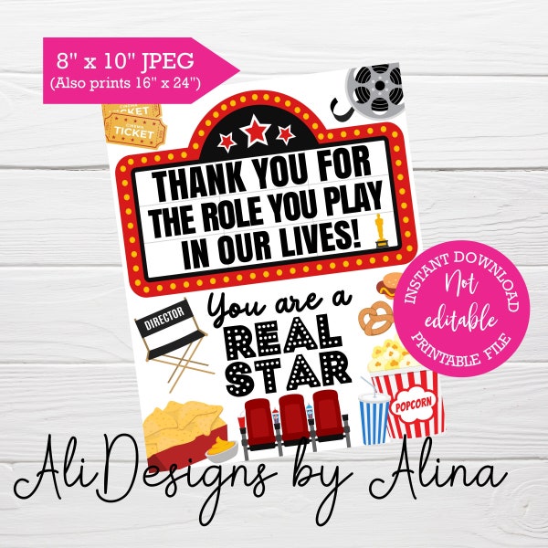 Movie Cinema Appreciation sign, Hollywood inspired, INSTANT download, Teacher and staff appreciation week, Employee thank you, Nurses day