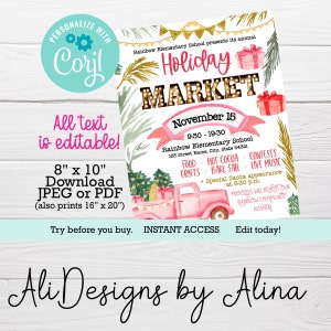 Holiday Market flyer PINK truck, Looking for vendors, Christmas market, PTA PTO Fundraiser poster, Winter festival, Holiday Bazaar, Editable