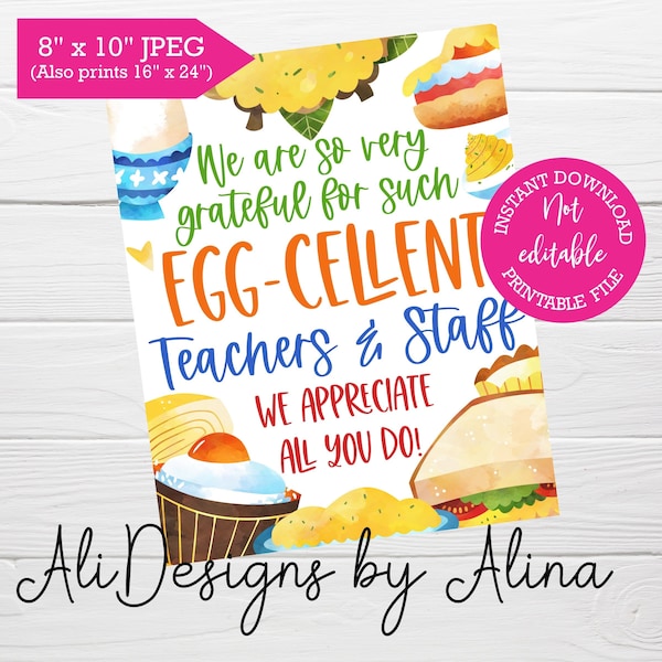 Eggcellent teachers and staff, printable INSTANT download sign, Teacher and staff appreciation week ideas, Breakfast table, Egg buffet sign