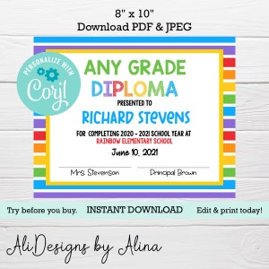 Editable diploma template, Certificate of completion, printable Diploma, Last day of school, Graduation ceremony printable
