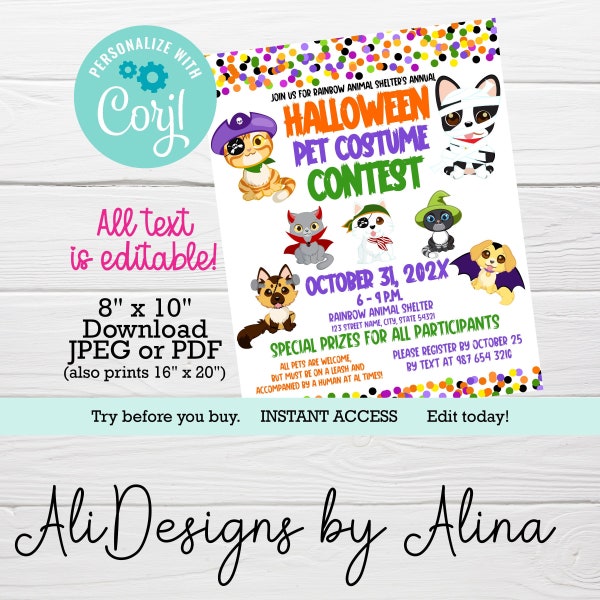 Halloween pet costume contest flyer, EDITABLE template, Halloween fundraiser, Costume party, Trunk or treat, Animal Shelter fundraiser flyer