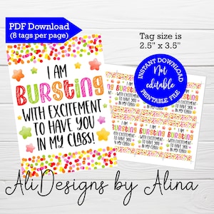 I am bursting with excitement to have you in my class, Printable Back to school tag, Welcome back, First day of school, Gift from teacher