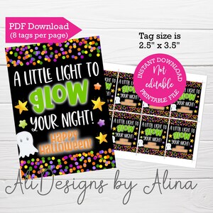 Een beetje licht om je avond op te fleuren, Happy Halloween-tags, INSTANT download, Trick or treat, afdrukbare tags, Halloween glow stick-houders pdf