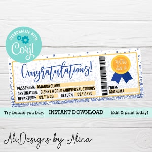 Certificat-cadeau de fin d'études, modèle de billet MODIFIABLE, voyage surprise pour cadeau diplômé, bon imprimable, classe de 2022, billet d'avion