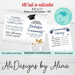 May include: Editable graduation announcement template with a silver glitter background. The text reads "Rainbow High School Graduation Commencement Class of 202X May 24th, 202X". The template includes a graduation cap, diploma, and a blue ribbon.