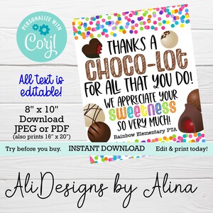 ありがとう、CHOCOlot、印刷可能な看板、編集可能なテンプレート、教師スタッフ感謝週間、サンデーバー、Sanacks デザートテーブル看板、看護師の日