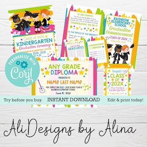 Paquete de graduación, plantillas EDITABLES, Invitación digital, Programa de graduación, Diploma IMPRIMIBLE, Etiqueta de graduación, Escuela primaria de jardín de infantes