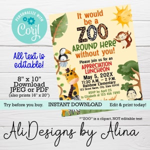 Teacher Staff appreciation week, Luncheon invitation, EDITABLE flyer, Safari It would be a zoo around here, Rainforest Jungle lunch invite