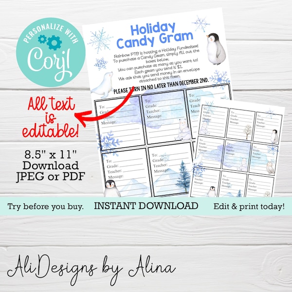 Christmas Candy Gram, printable flyer, PTA PTO, Winter fundraiser, EDITABLE template, Church event, Fundraising ideas, Holiday card