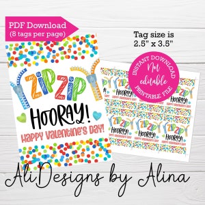 Zip Zip Hooray Valentine&#39;s Day gift, PRINTABLE tags, Instant download, Zipper bracelet, non candy Valentine, Valentine card, PTA PTO Gift