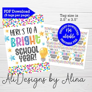 Here&#39;s to a bright school year, Printable tags, INSTANT download, Back to school tag, Welcome back, First day of school, favor tags, PTA PTO