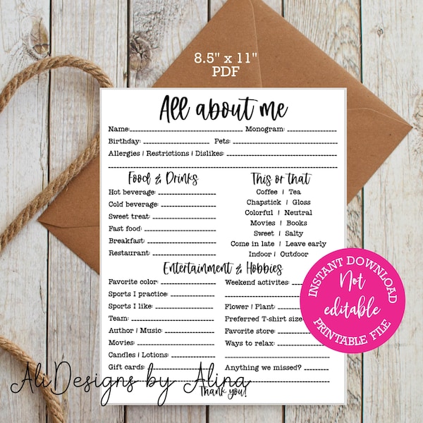 All about me, PRINTABLE survey, Teacher appreciation week, INSTANT download, Teacher Questionnaire, Getting to know you, Favorite things