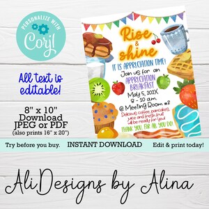 May include: An 8x10 inch printable invitation for an appreciation breakfast. The invitation features a colorful watercolor design with breakfast foods like pancakes, waffles, and fruit. The text reads "Rise & Shine, It is Appreciation Time! Join us for an Appreciation Breakfast, May 5, 202X, 8-10 a.m., @Meeting Room #3, Delicious coffee, pancakes, juice and fresh fruit will be ready for you! Thank you. For all you do!"