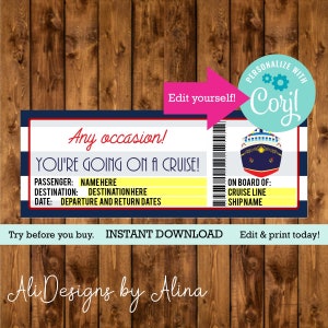 Carte d'embarquement pour une croisière, modèle modifiable, chèque-cadeau de Noël, bon de voyage, faux billet, cadeau d'anniversaire, idées cadeaux