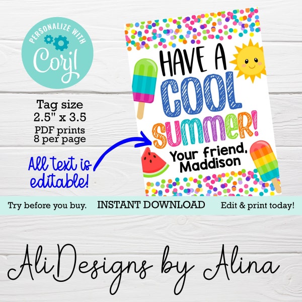 Have a COOL summer Editable tag, Instant download, last day of school, End of school year, PTA PTO treat, Ice pop tags, Pool party favor tag