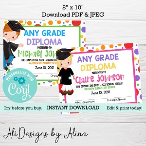 May include: Two diplomas, each 8" x 10", feature colorful polka dot borders and illustrations of children in graduation attire. The diplomas read "Any Grade Diploma" and include space for personalization, with the text "Download PDF & JPEG".