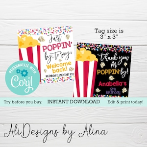 Popcorn favor tag, Printable gift tag, EDITABLE template, Poppin by label, Welcome back, Thank you tag, appreciation favors, Back to school