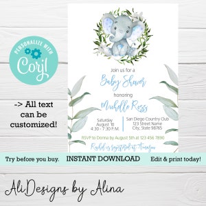 Elephant Baby Shower Invitation, EDITABLE template for Boy, Digital invitation, Blue elephant invite, Greenery wreath, Safari inspired